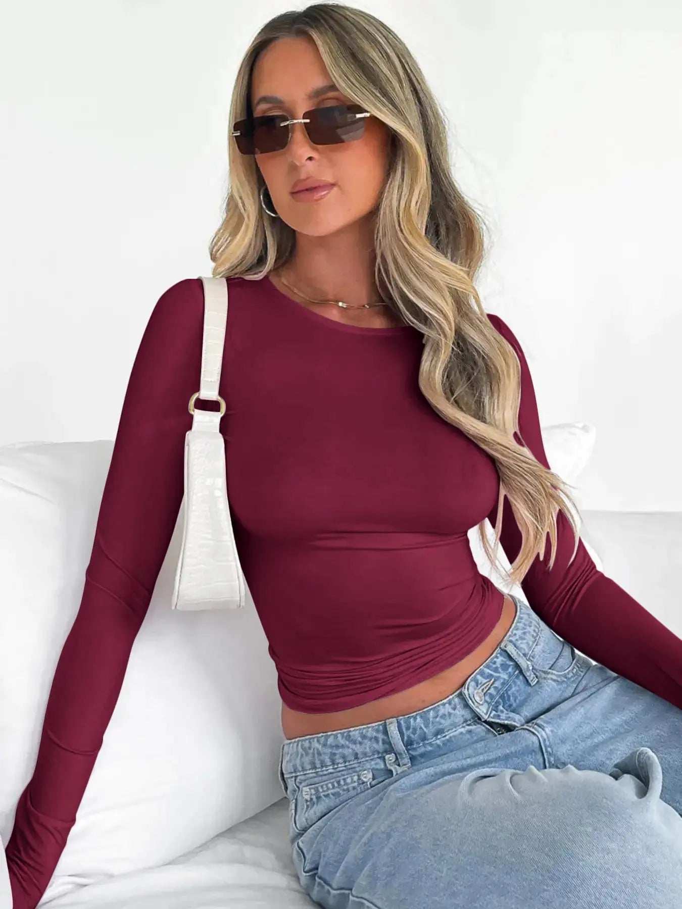 Women's Plain Long Sleeve Cropped Tee - Casual Round Neck Crop Top for Women