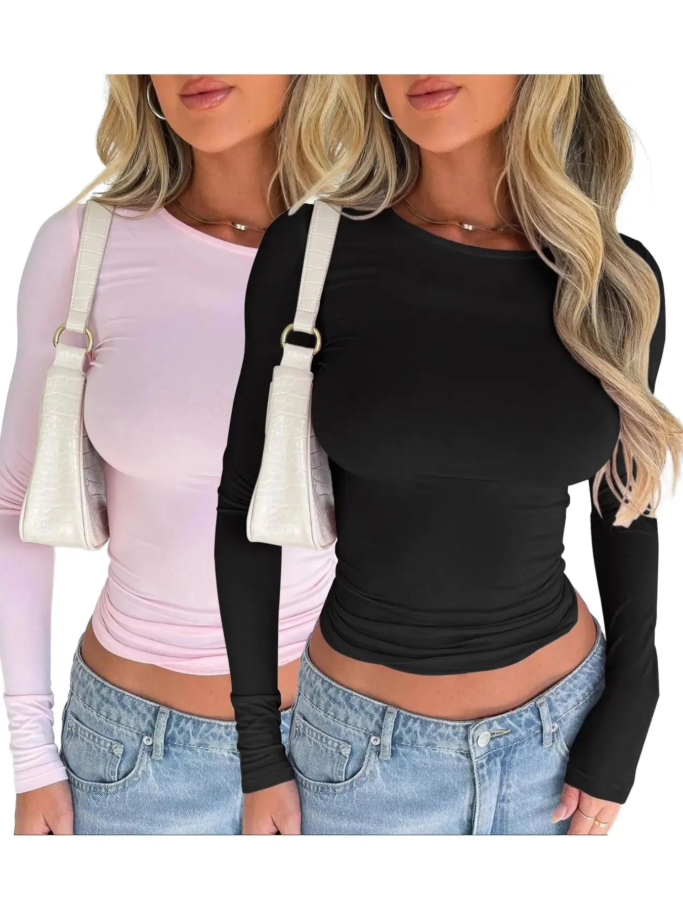 Women's Plain Long Sleeve Cropped Tee - Casual Round Neck Crop Top for Women