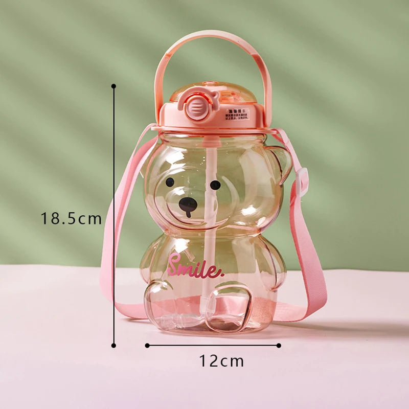 Large Capacity (1000 ml) Cartoon Bear Plastic Sippy Cup Children's Portable Backpack Kettle Water Bottle Mug with Straw