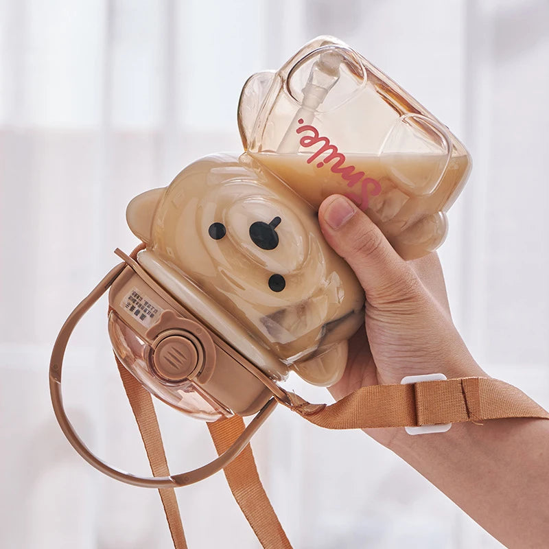 Large Capacity (1000 ml) Cartoon Bear Plastic Sippy Cup Children's Portable Backpack Kettle Water Bottle Mug with Straw