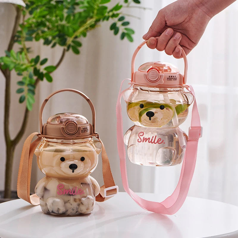 Large Capacity (1000 ml) Cartoon Bear Plastic Sippy Cup Children's Portable Backpack Kettle Water Bottle Mug with Straw