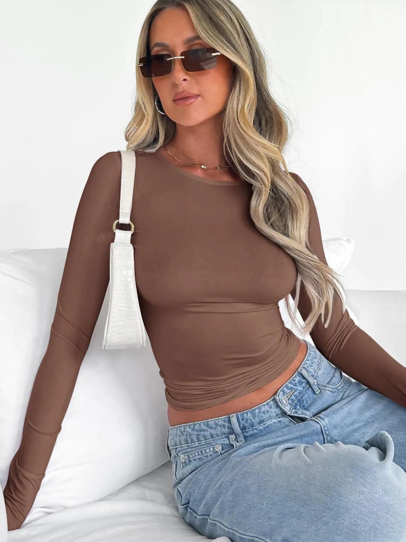 Women's Plain Long Sleeve Cropped Tee - Casual Round Neck Crop Top for Women