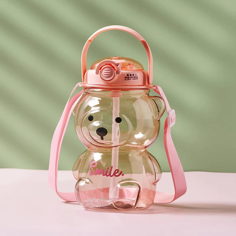 Large Capacity (1000 ml) Cartoon Bear Plastic Sippy Cup Children's Portable Backpack Kettle Water Bottle Mug with Straw