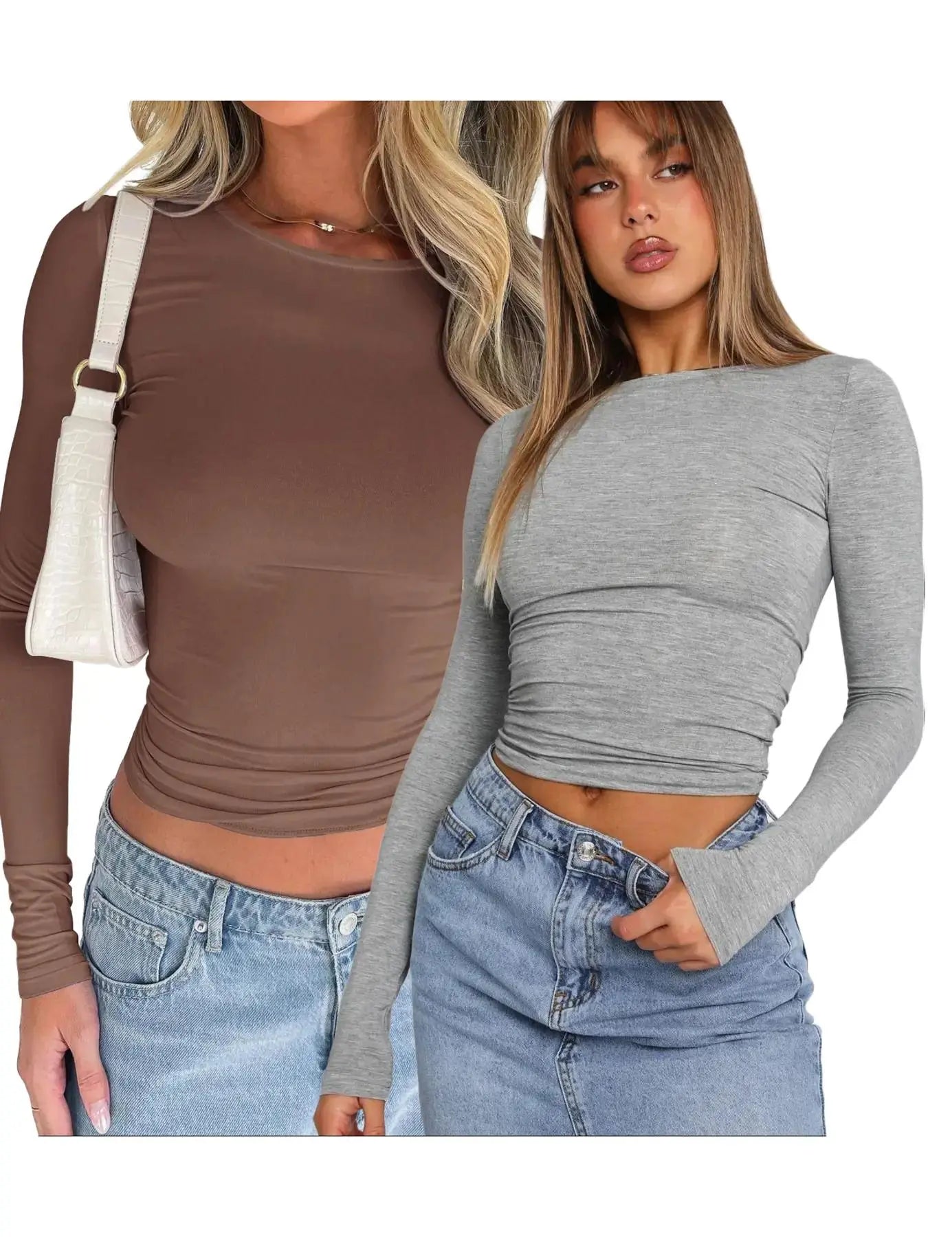 Women's Plain Long Sleeve Cropped Tee - Casual Round Neck Crop Top for Women