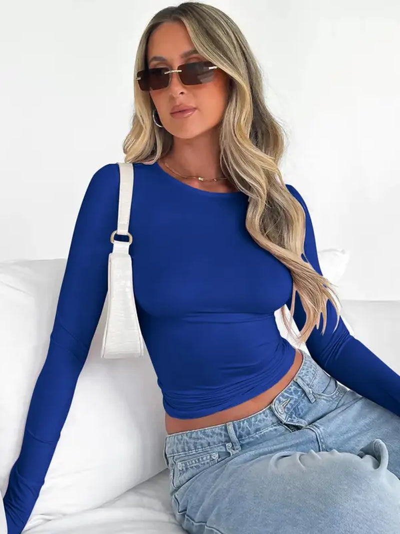 Women's Plain Long Sleeve Cropped Tee - Casual Round Neck Crop Top for Women