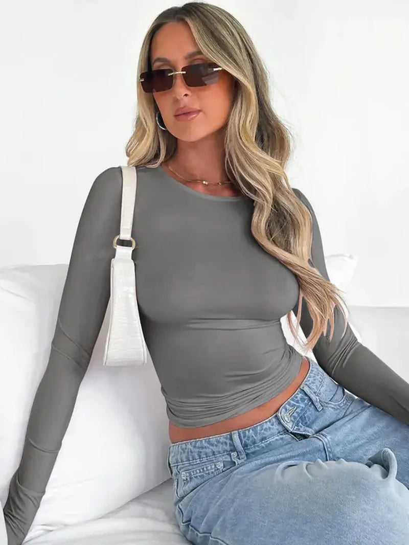 Women's Plain Long Sleeve Cropped Tee - Casual Round Neck Crop Top for Women