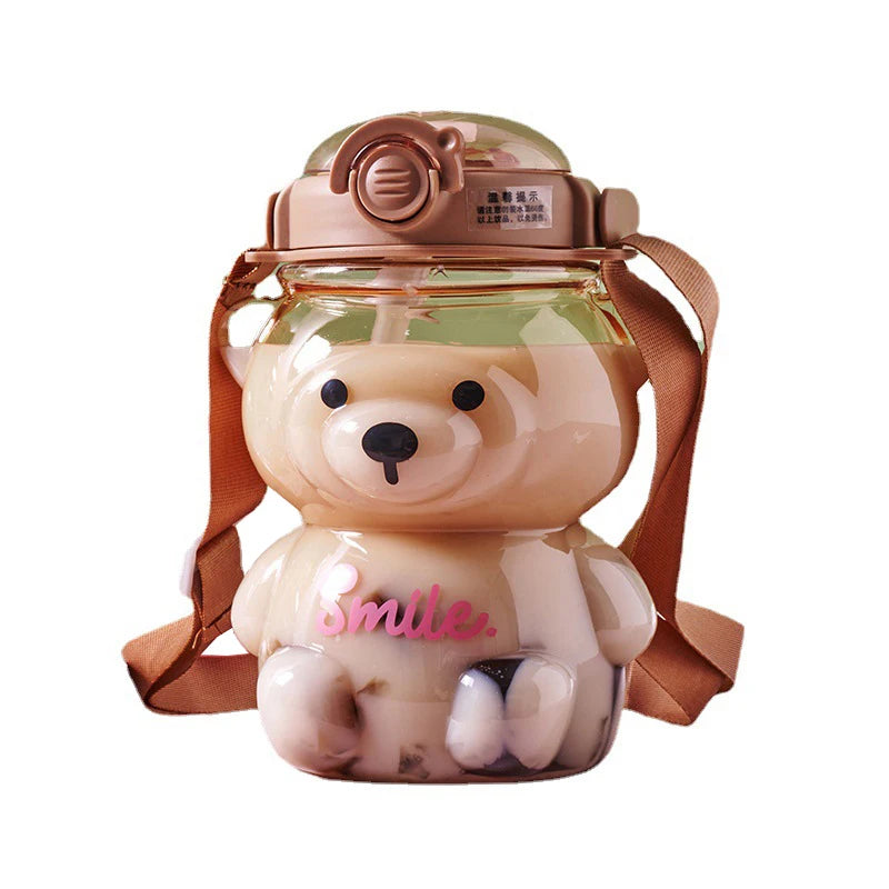 Large Capacity (1000 ml) Cartoon Bear Plastic Sippy Cup Children's Portable Backpack Kettle Water Bottle Mug with Straw