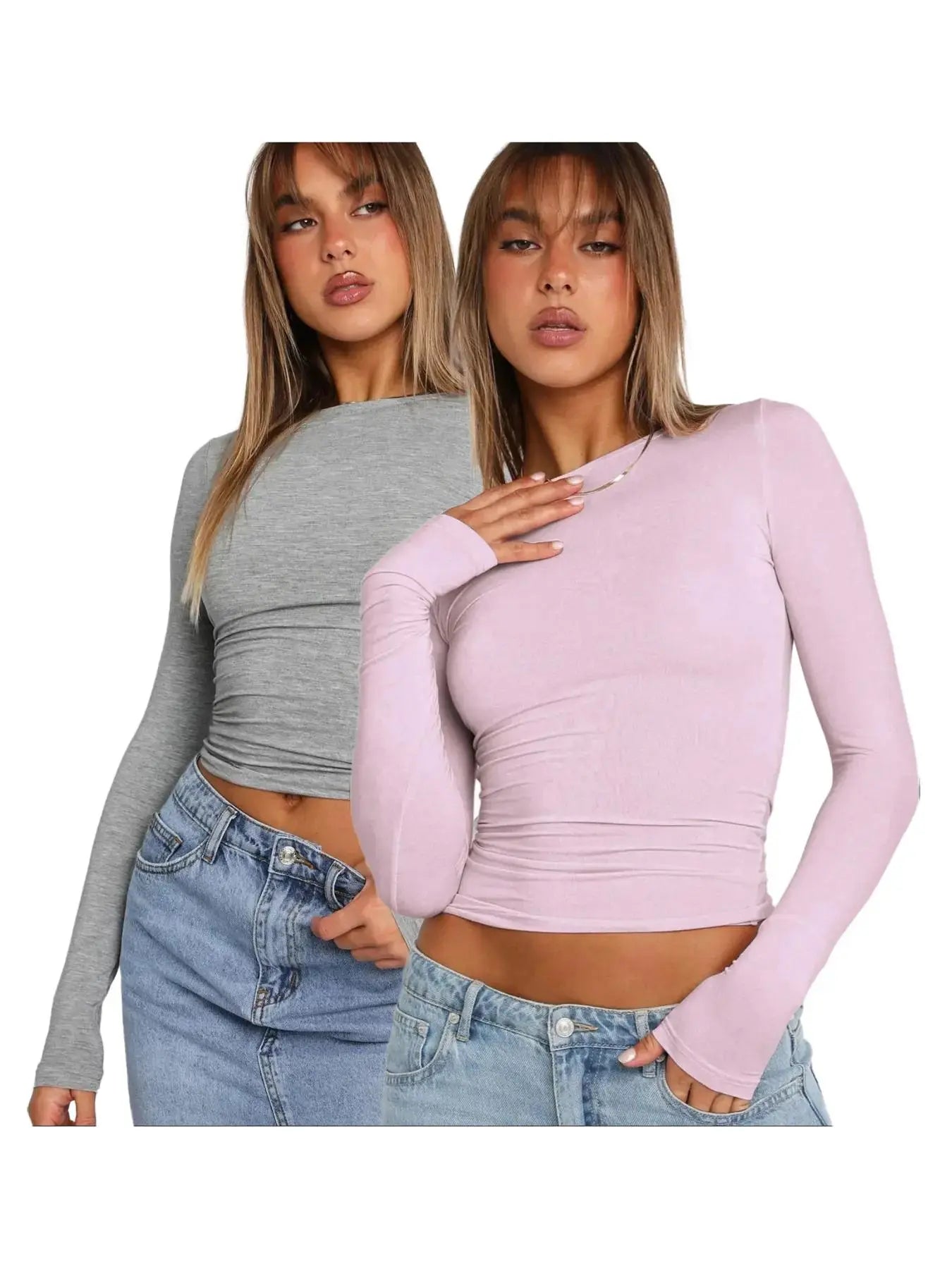 Women's Plain Long Sleeve Cropped Tee - Casual Round Neck Crop Top for Women